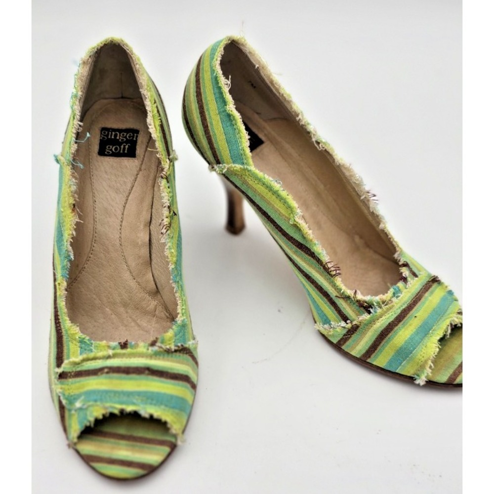 Ginger Goff Peep Toe Heels 7 Women's‎ Green Striped Frayed Wooden 3" Heels Boho - Picture 3 of 11